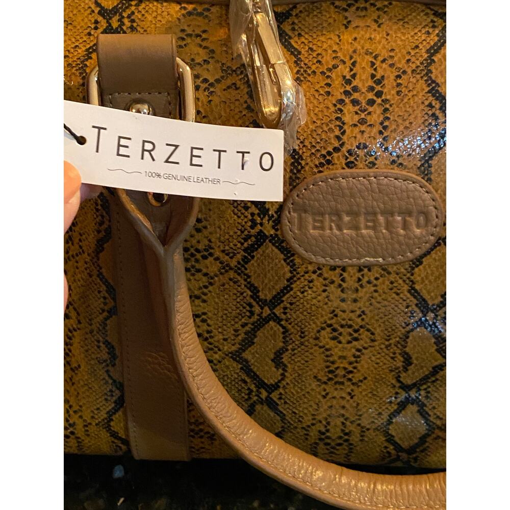 Terzetto Leather Satchel Bag Purse Brown Embossed Snakeskin Animal Print NWT - Picture 10 of 11